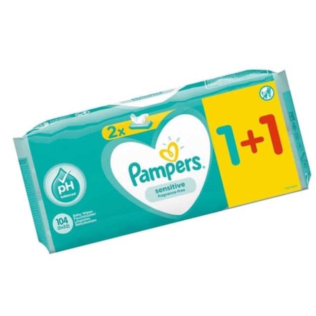 Pampers Μωρομάντηλα Sensitive χωρίς Άρωμα & Οινόπνευμα Συσκευασία με Αυτοκόλλητο 2x52τμχ